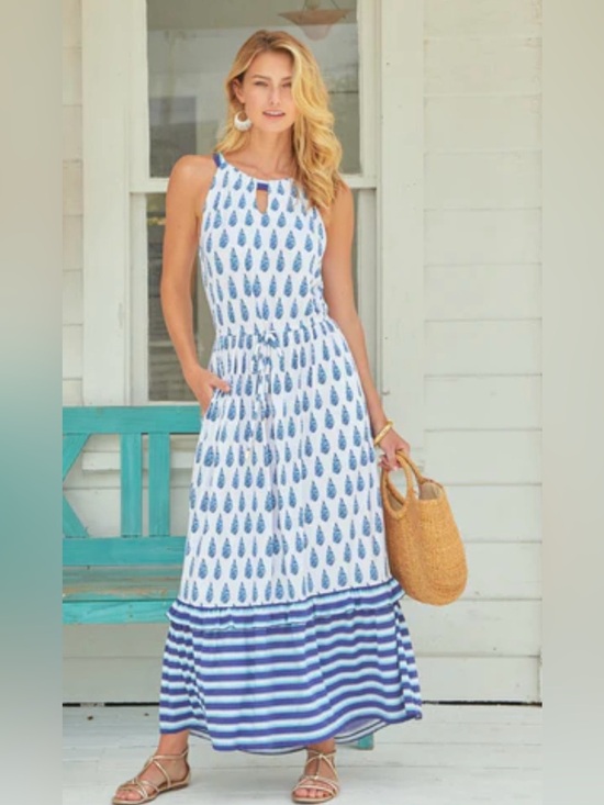 Cabana Life Dresses & Skirts - CABANA LIFE Delray Blue White Floral Halter Tie Waist Maxi Dress Size M